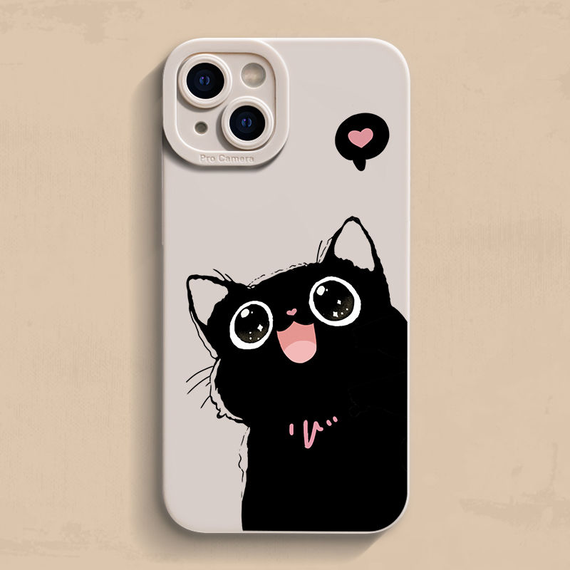 爱心黑猫适用iPhone16手机壳苹果15创意14Pro卡通13ProMax防摔12全包XR可爱XSMAX个性潮女新款11/8plus保护套