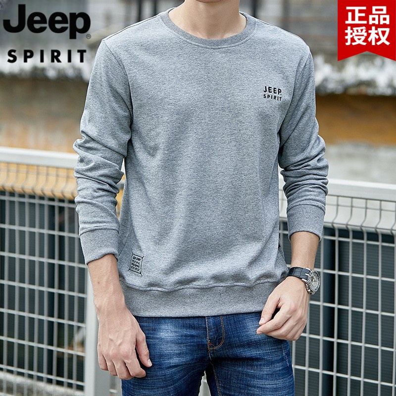 JEEP SPIRIT春秋长袖T恤圆领运动打底衫纯色宽松休闲男士卫衣