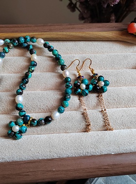 天然绿松石圆珠原创手工设计定制发簪绿檀木蜜蜡南红翡翠套装