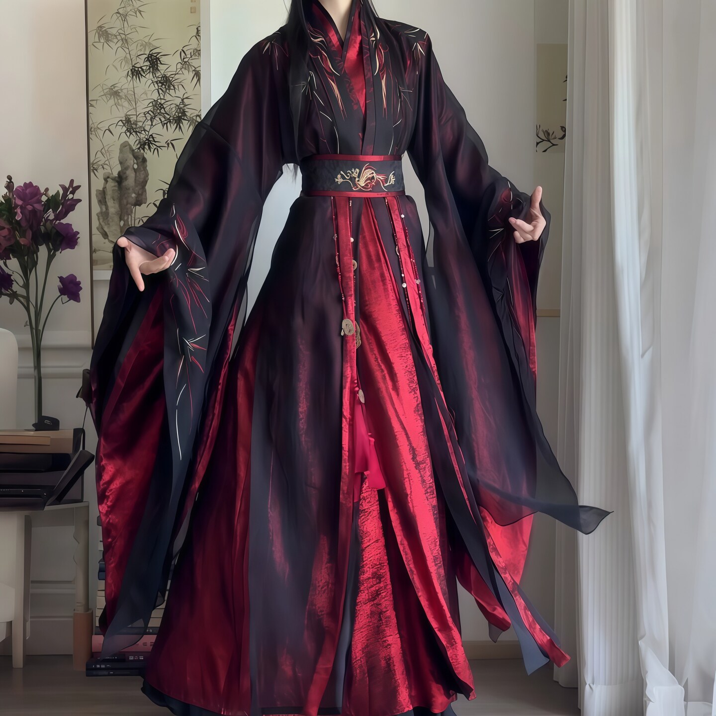 汉服汉元素黑红套装朱砂重工刺绣长衫绣花大袖腰封男女同款武侠风