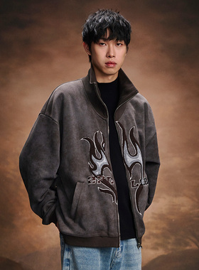 2727WORLD 法老 27俱乐部火焰立领开衫卫衣 美式复古街头国潮流