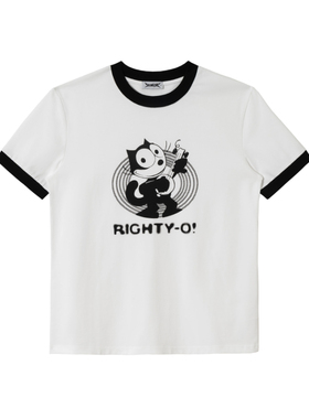 2727WORLD 法老 卡通印花撞黑罗纹短袖T恤国潮美式复古街头