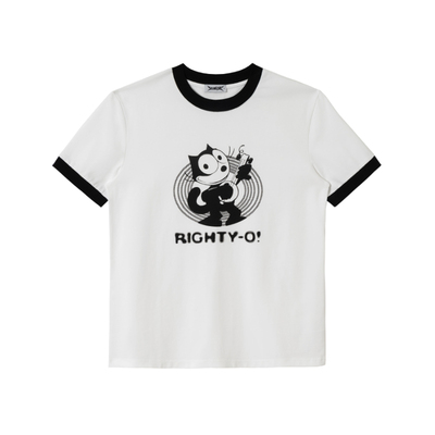 2727WORLD 法老 卡通印花撞黑罗纹短袖T恤国潮美式复古街头