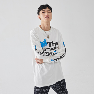 2727WORLD tee百搭圆领 法老潮流嘻哈休闲宽松蝴蝶标语发泡长袖