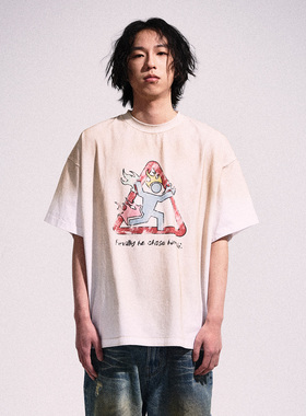 2727WORLD 法老 火焰皮特白色擦脏短袖T恤 美式复古街头国潮