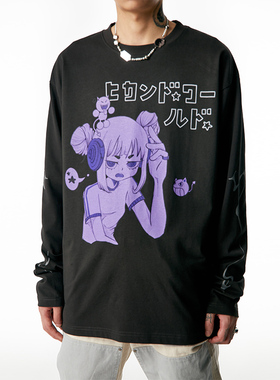 2727WORLD 法老国潮休闲男女同款卡通紫色女孩印花长袖圆领T恤