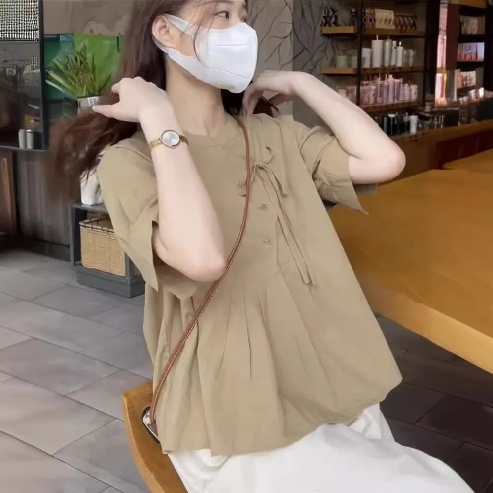 新中式国风上衣女夏季新款设计感小众洋气时尚泡泡袖别致圆领衬衫