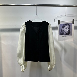 拼接休闲衬衫 V领单排扣修身 潮 欧货上衣女时尚 深圳南油直批新款