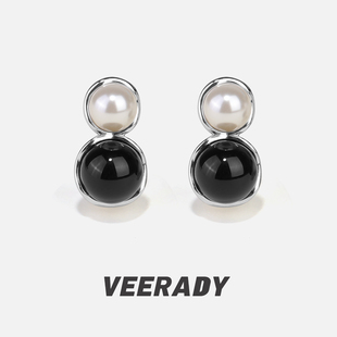 薇拉蒂S925纯银天然黑玛瑙耳环女款贝珠珍珠耳扣复古气质通勤耳饰