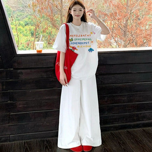 夏季正肩大码彩绘字母纯棉圆领短袖T恤女胖MM宽松户外ins半袖上衣