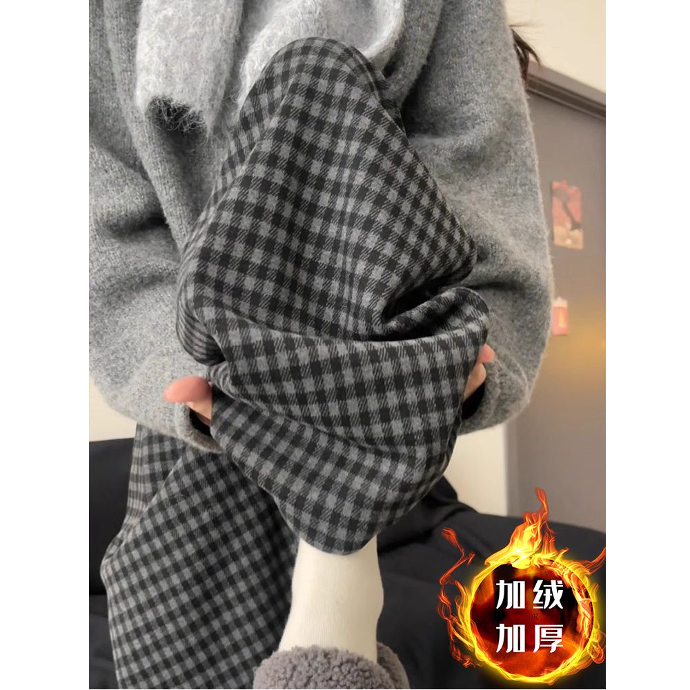 格雷系撞色黑灰格子裤高腰休闲裤