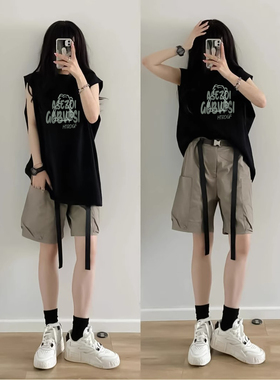 坎肩复古小熊纯棉T恤男女大码240-300斤胖MM宽松遮肉黑色无袖上衣