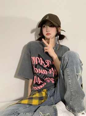 美式潮街复古炭灰色纯棉超大码短袖上衣嘻哈oversize原宿风bf宽松