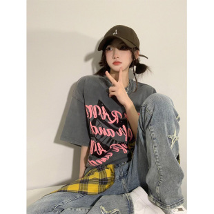 美式潮街复古炭灰色纯棉超大码短袖上衣嘻哈oversize原宿风bf宽松
