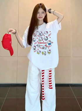 夏季大码胖MM白色kitty猫短袖重磅T恤女宽松遮肉半袖上衣中长款女