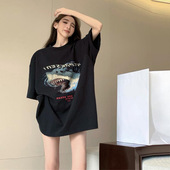 oversize上衣 胖M正肩半袖 港味复古鲨鱼纯棉T恤女潮牌圆领大码 短袖