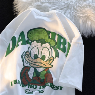 可爱半袖 T恤男女情侣款 ins趣味 纯棉短袖 潮牌卡通唐老鸭复古特大码