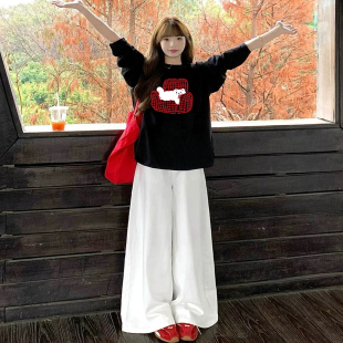 大码 T恤女春秋新款 胖MM宽松显瘦百搭上衣潮 复古网格猫咪长袖 美式