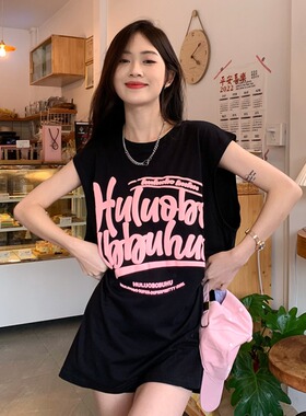 黑色坎肩大码纯棉无袖T恤女夏季胖MM中长款宽松港味ins背心上衣潮