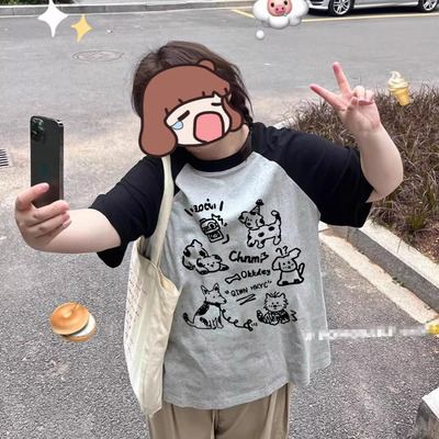 胖MM插肩袖小狗拼色T恤女大码