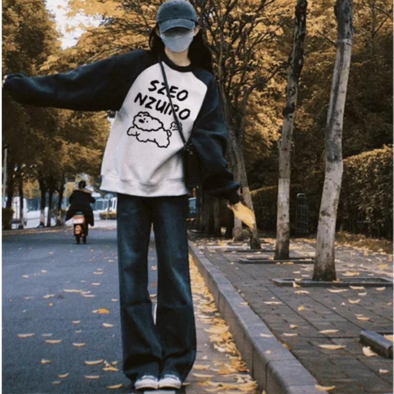 美式加绒宽松纯棉复古卫衣女