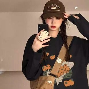 美式大码纯棉长袖T恤女黑色上衣复古胖MM宽松遮肉中长款慵懒风bf