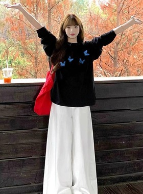 国潮蝴蝶复古高级感辣妹超大码240斤胖MM长袖T恤女黑色打底衫上衣