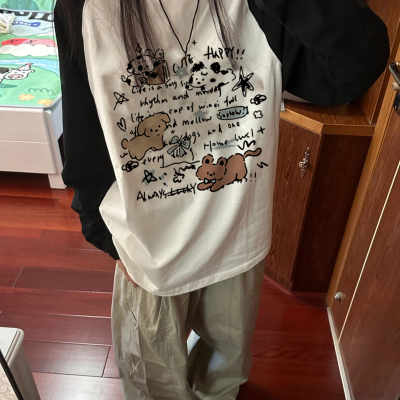 秋冬季卡通小狗拼色长袖T恤女