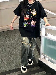 新款 T恤男女胖MM宽松夏季 纯棉短袖 蜡笔小新卡通动漫日系复古大码