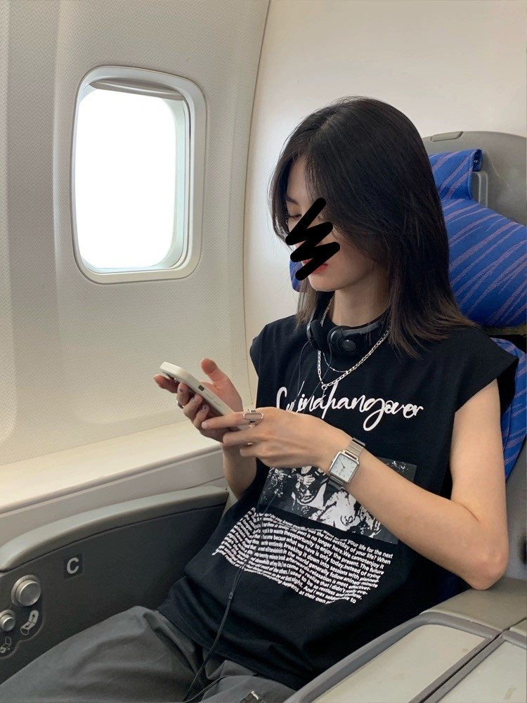 美式大码坎肩复古人物黑色无袖T恤男女夏季胖MM纯棉背心chic上衣