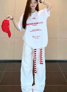 国潮牌复古红白撞色T恤女宽松夏季大码重磅短袖胖MM圆领慵懒风bf