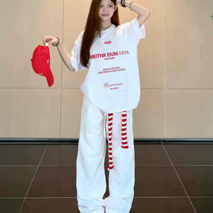 胖MM圆领慵懒风bf 重磅短袖 国潮牌复古红白撞色T恤女宽松夏季 大码