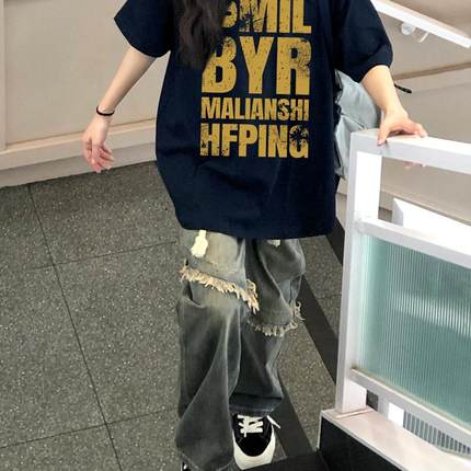 重磅纯棉国潮美式oversize潮牌大码短袖t恤男女夏季设计感ins上衣