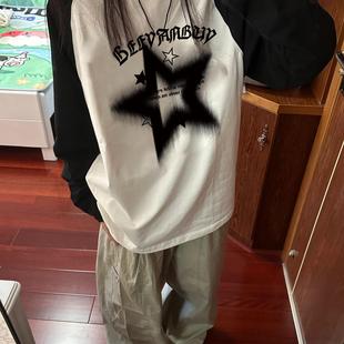拼接插肩五角星潮牌秋冬季中长款宽松纯棉胖MM小众大码上衣女美式