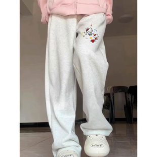 美式复古潮牌高街卡通凯蒂猫休闲裤女特大码胖MM加长版直筒阔腿裤