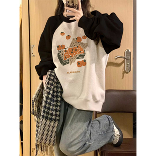 美式复古潮牌插肩袖圆领卫衣女纯棉大码胖MM秋冬季正肩加厚外套女