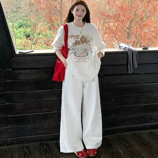 卡通小熊春秋新款 T恤女白色宽松打底衫 上衣潮 300斤胖MM长袖 特大码