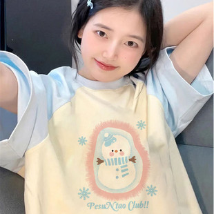 美式插肩短袖纯棉T恤女夏季拼色特大码胖MM奶系学生半袖衫ins上衣