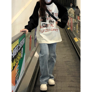 早秋季复古港味ins潮牌长袖T恤女纯棉特大码胖MM圆领慵懒风bf上衣