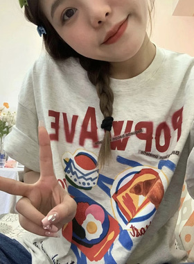 纯棉花灰色大码胖MM夏季T恤女涂鸦卡通复古美式正肩港味chic上衣