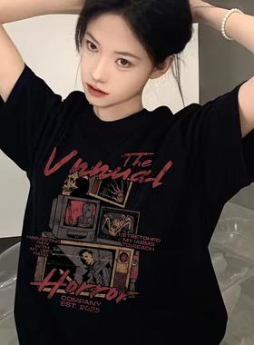 大码女装胖mm美式高街潮牌黑色短袖t恤女夏季新款240-300斤上衣潮