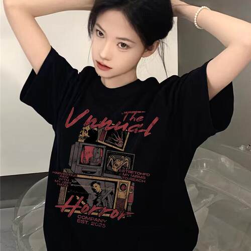 大码女装胖mm黑色短袖T恤