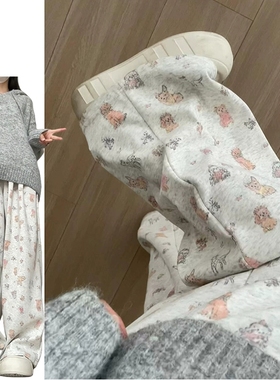可爱小动物满印卫裤女秋冬2025新款灰色特大码240斤胖MM阔腿裤ins