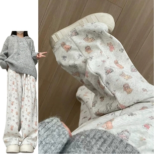 可爱小动物满印卫裤女秋冬2025新款灰色特大码240斤胖MM阔腿裤ins
