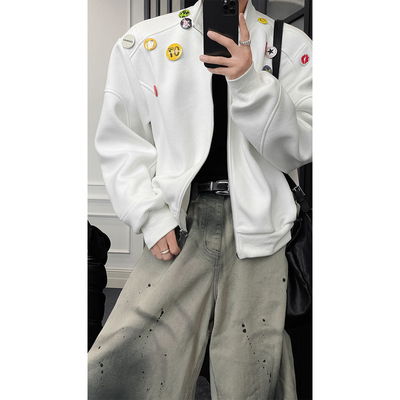 龙叨叨秋季新款潮流美式高级感徽章设计开衫卫衣百搭立领夹克外套