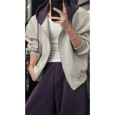 龙叨叨2026春季新品原创撞色拼接设计美式休闲连帽卫衣卫裤套装男