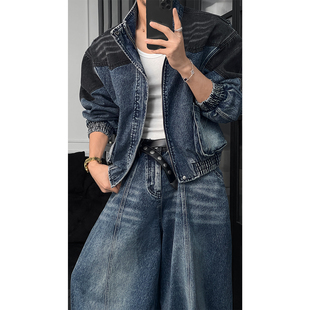 龙叨叨2026新品早春美式复古拼接牛仔夹克百搭宽松阔腿长裤套装男