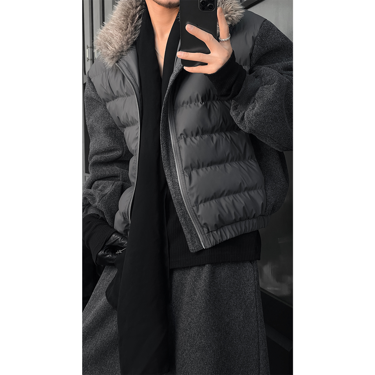 龙叨叨冬季新品时尚高级美式复古假两件拼接马甲羽绒服阔腿长裤潮