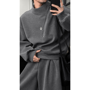 龙叨叨2026春季新品设计感半拉链假两件卫衣套装男美式休闲长裤潮