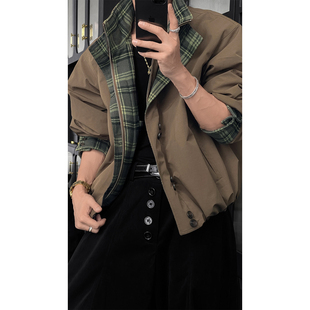 龙叨叨秋冬新品 复古格纹拼接立领羽绒服男宽松百搭痞帅外套 美式